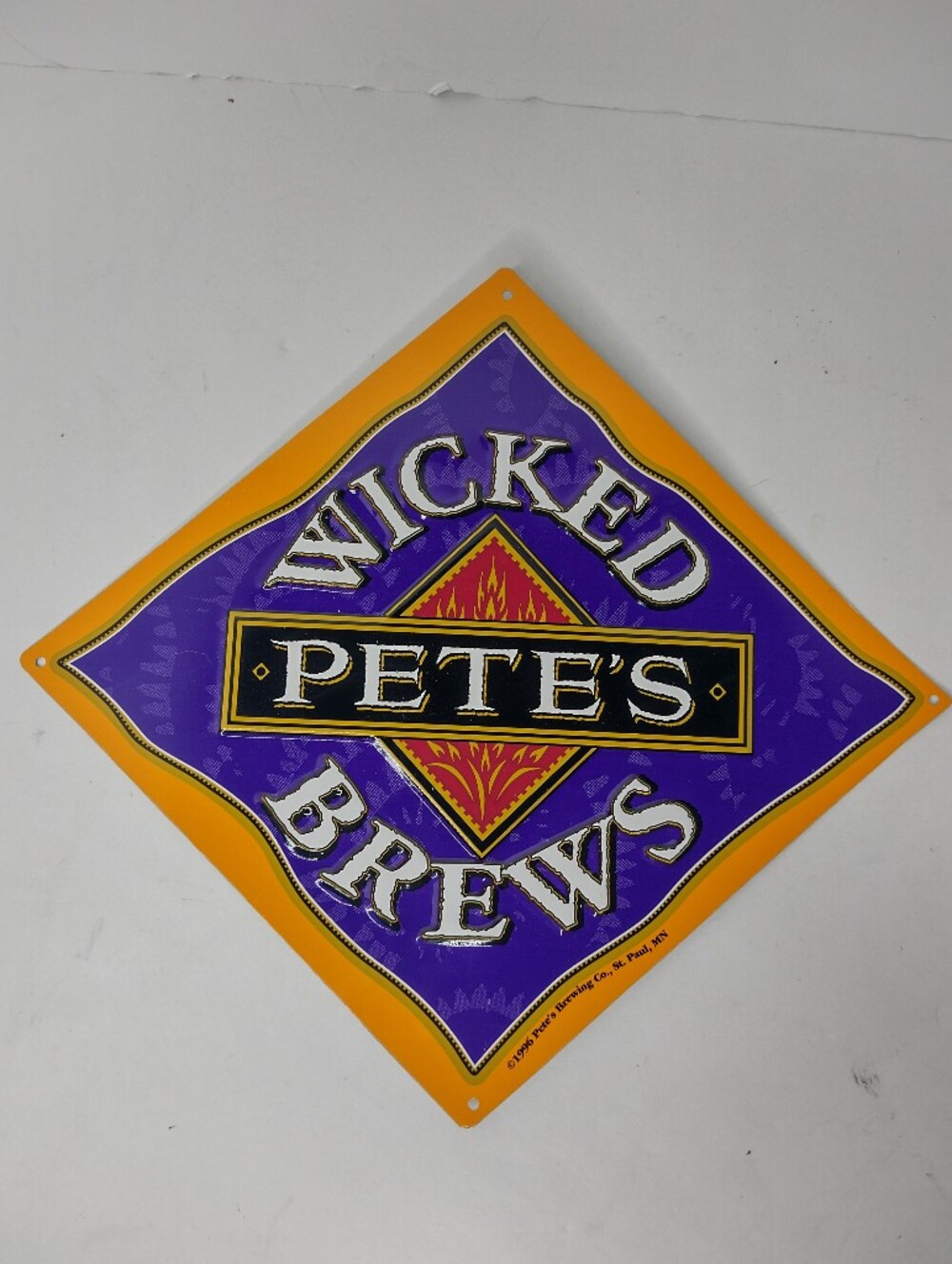 Pete's Wicked Brews Sign NOS Embossed Tin Beer Ale Diamond Shape Vintage 1996